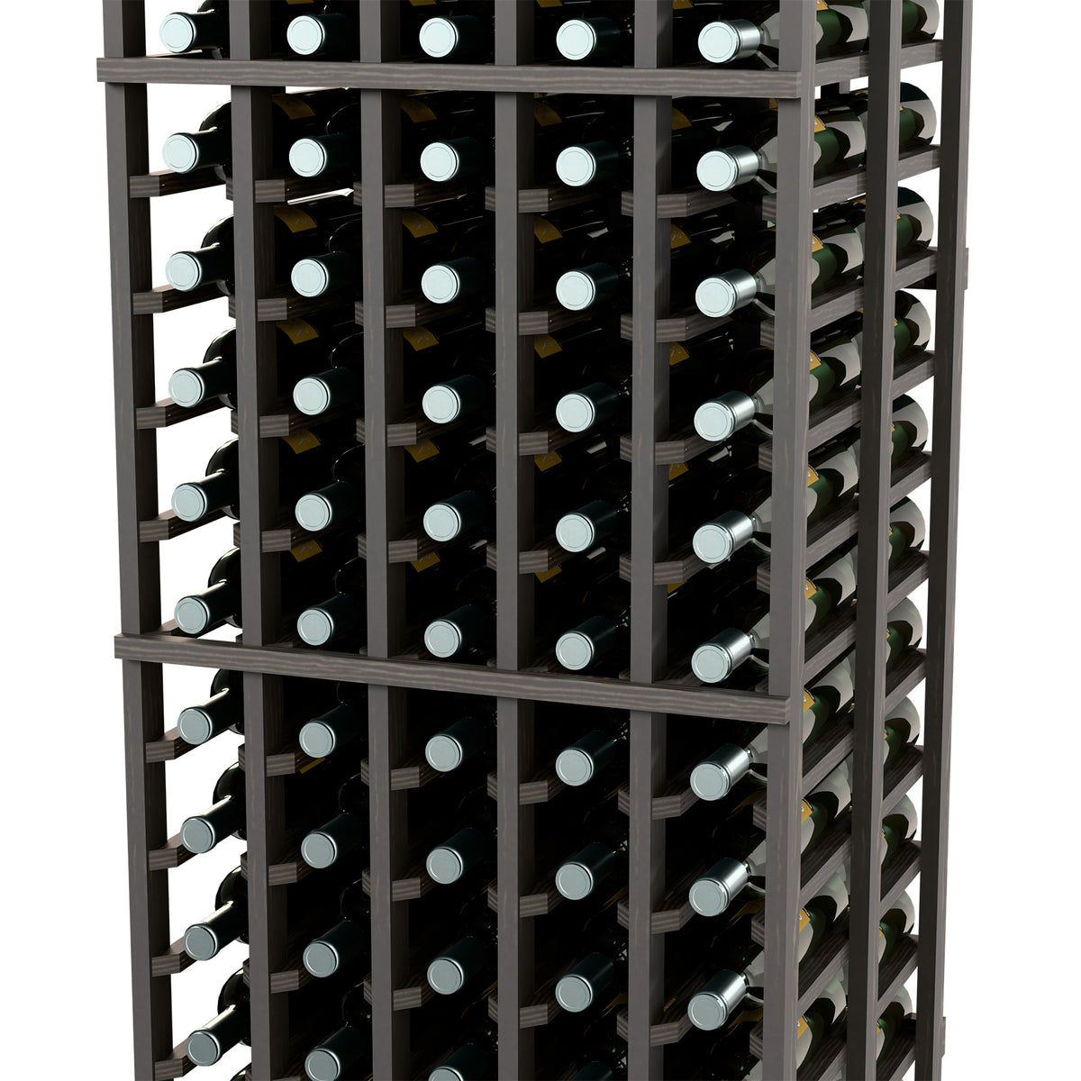 Dark wood double-deep wine bottle rack with front and side bottle rows