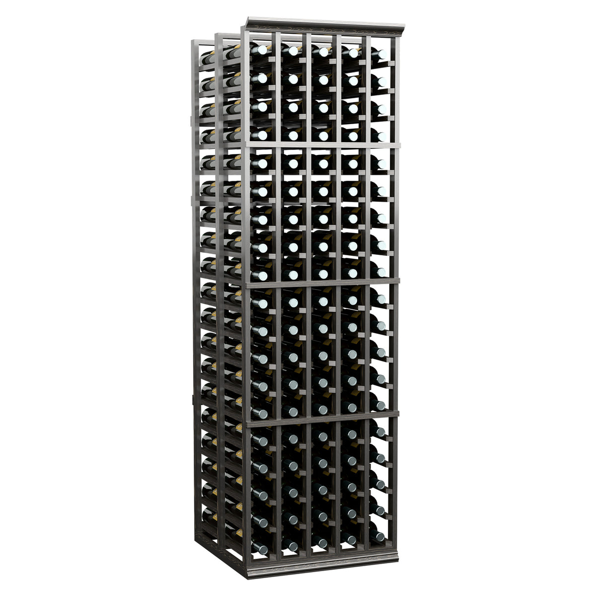 Double-deep wine bottle rack, black metal frame with grid holding multiple bottles