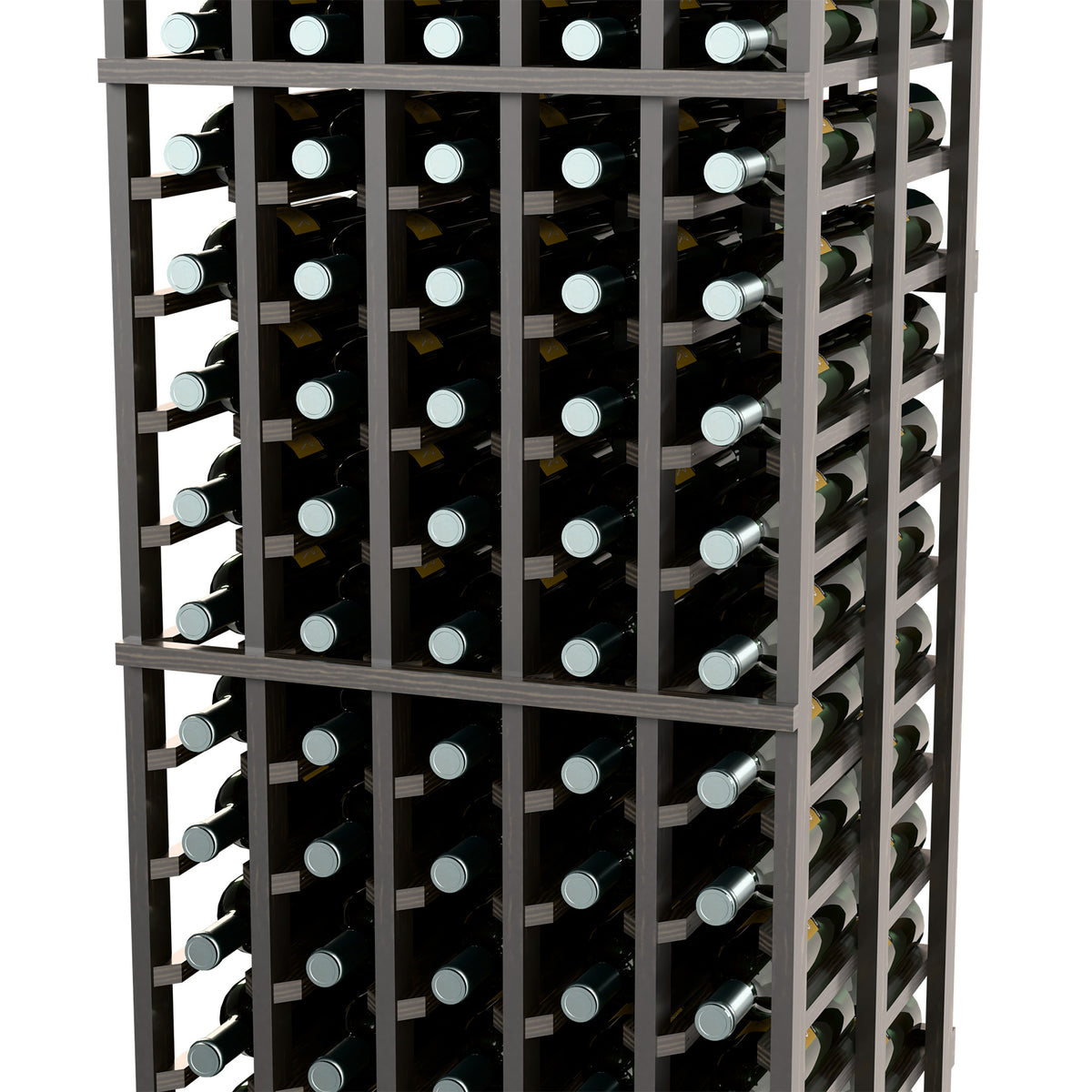 Dark double-deep wine bottle storage rack with bottle cubbies on both sides