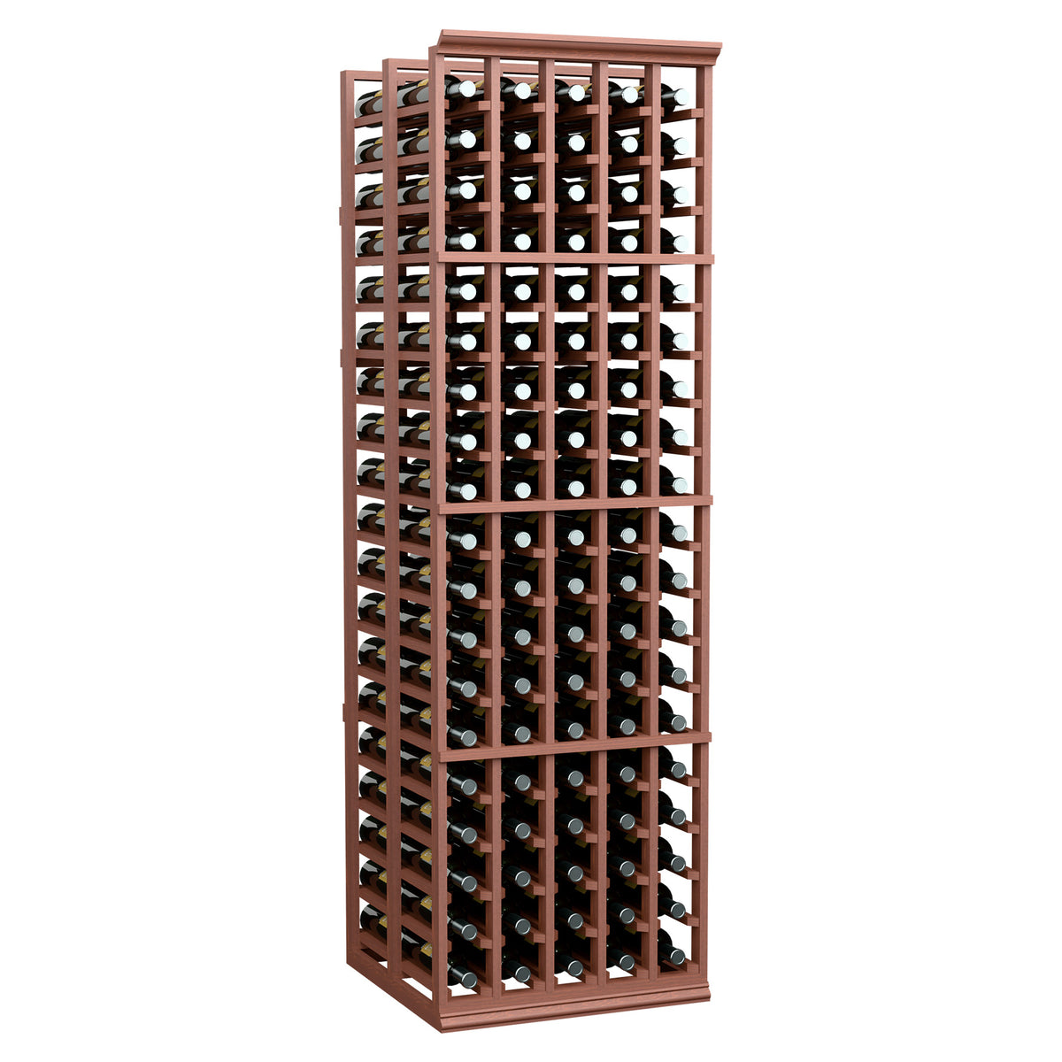 Brown double-deep wine bottle storage rack with front and side bottle compartments