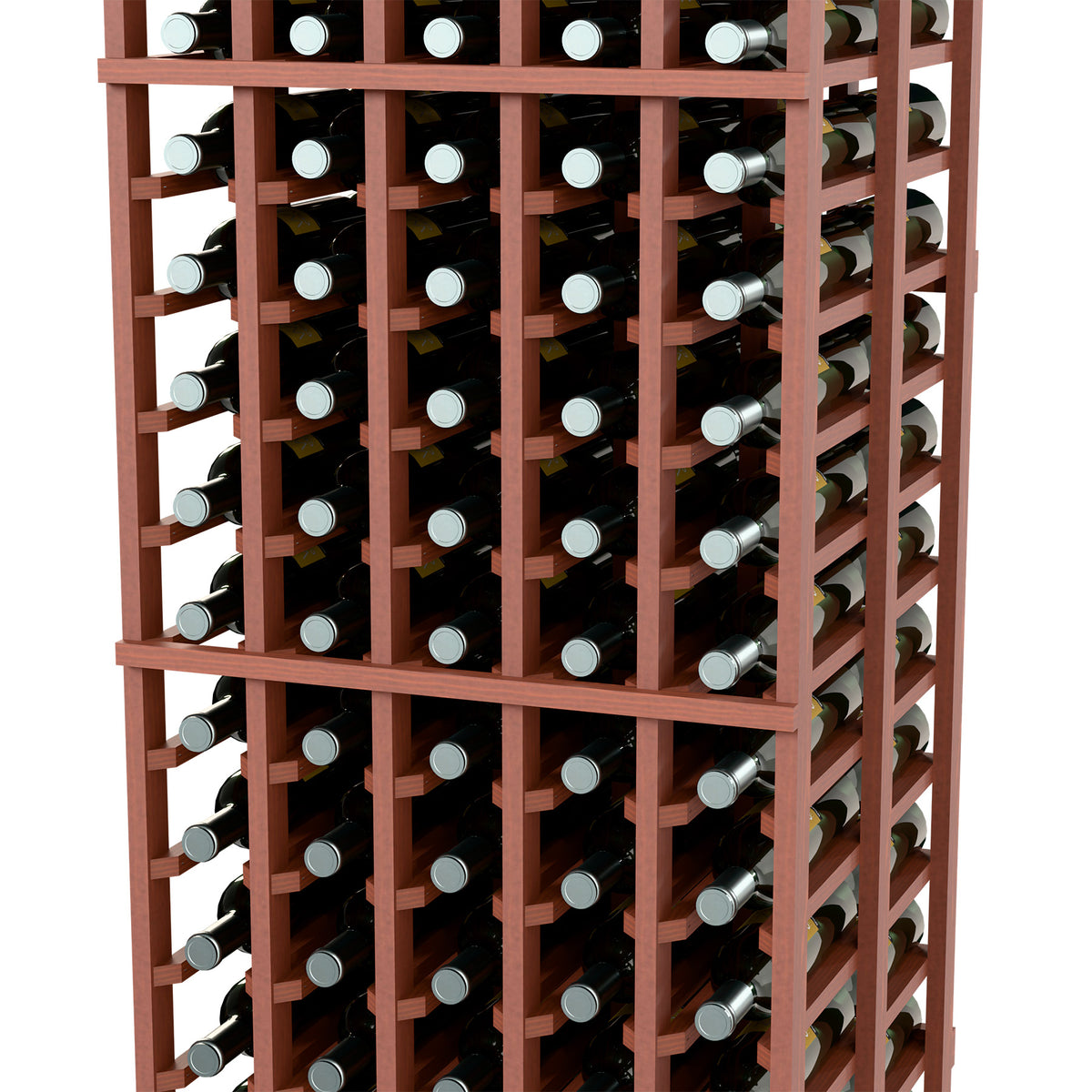 Brown wood double-deep wine bottle rack showing front bottle cubbies and side slots