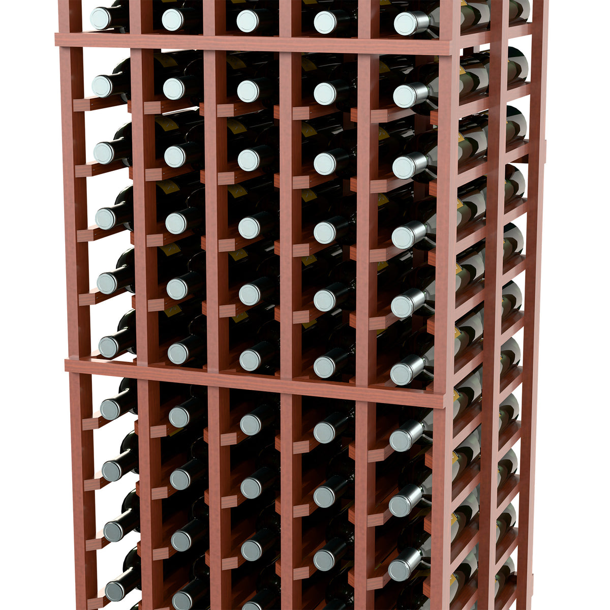 Brown wood double-deep wine bottle rack with front cubbies and side bottle supports