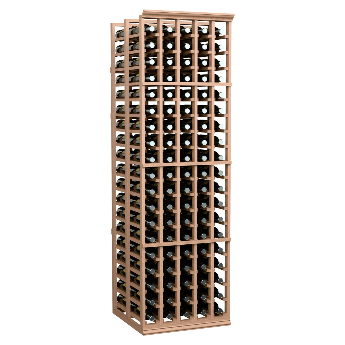 Natural wood double-deep wine bottle storage rack with front and side bottle rows