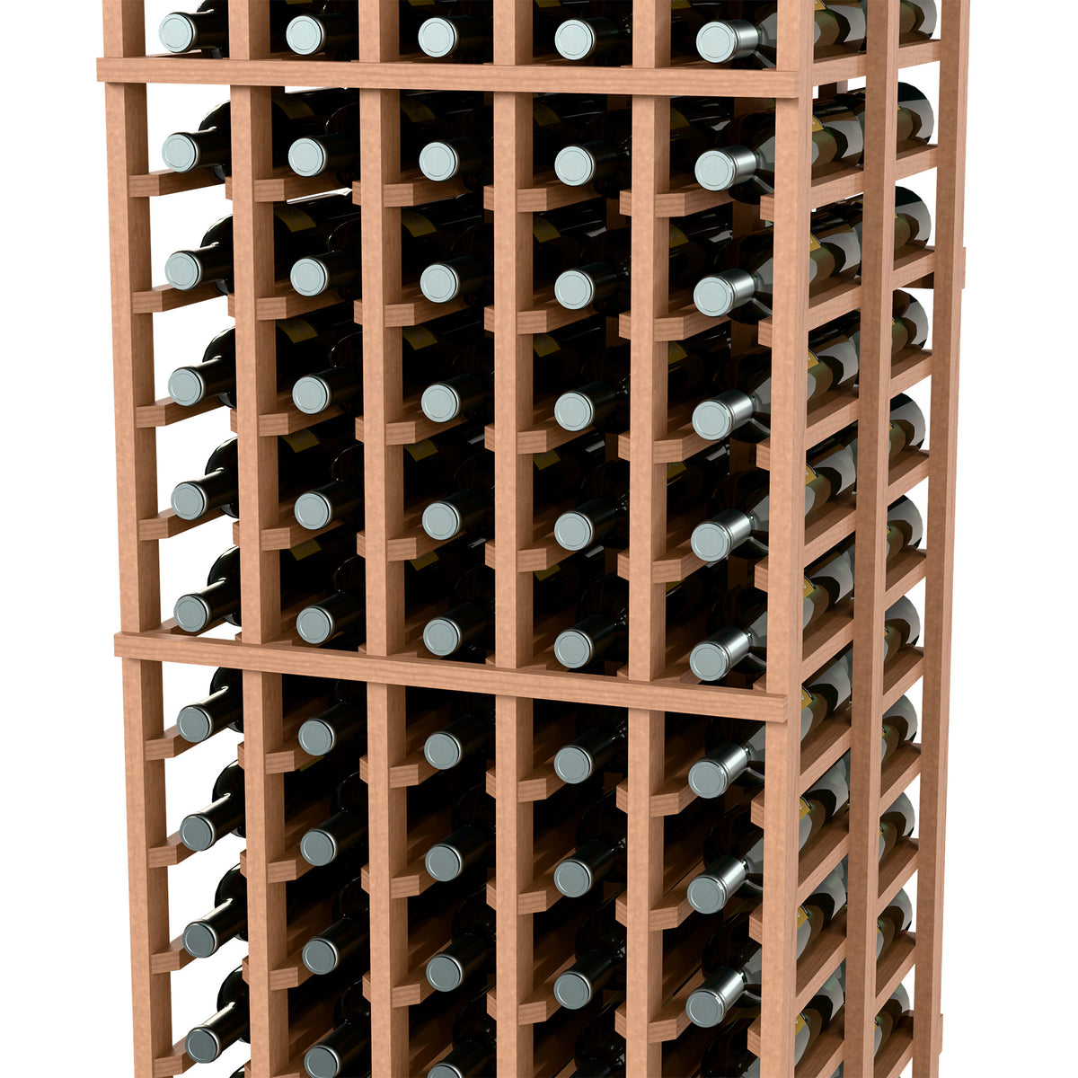 Natural wood double-deep wine bottle rack with front cubbies and right-side holders