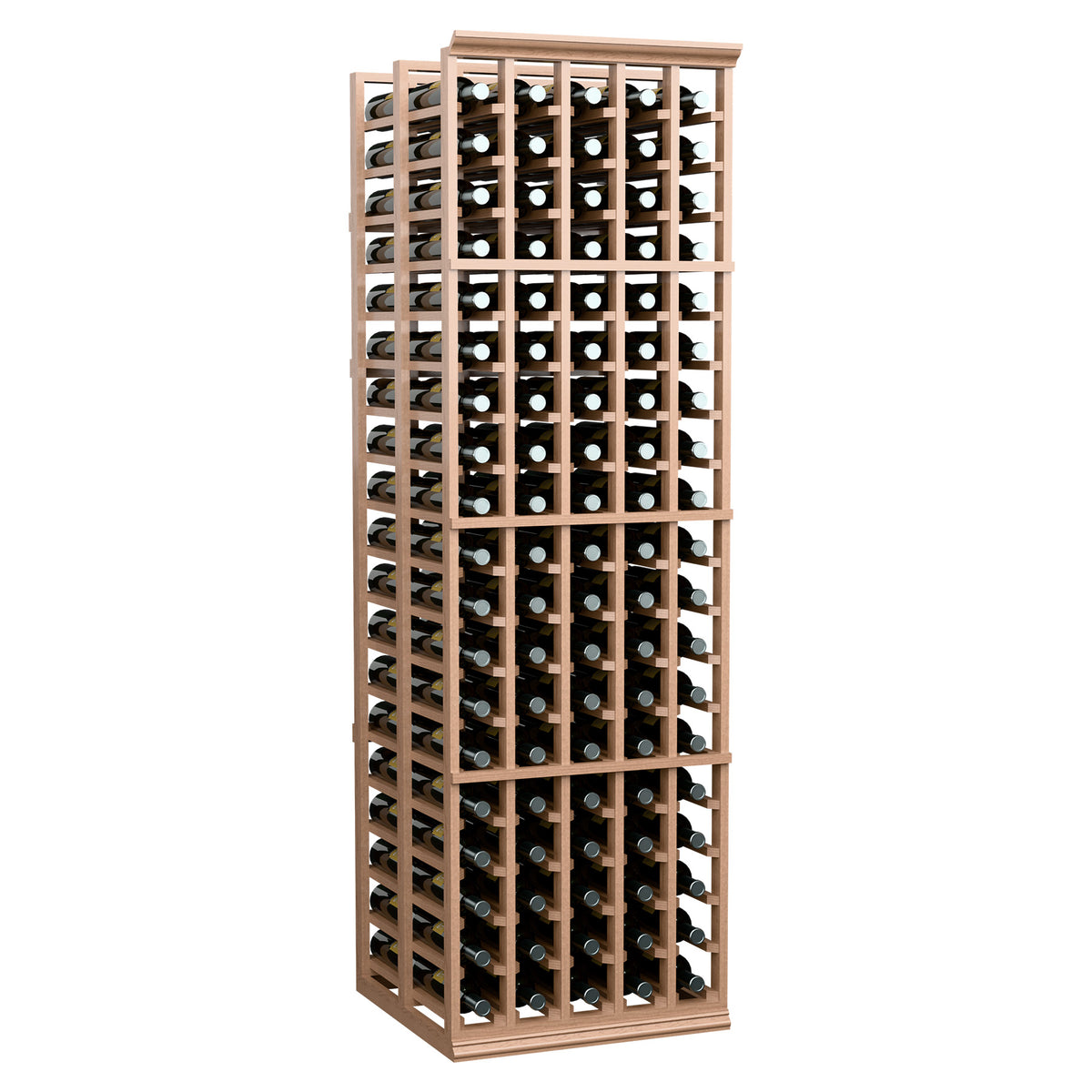 Wine bottle storage rack with light wood frame and grid-style bottle slots