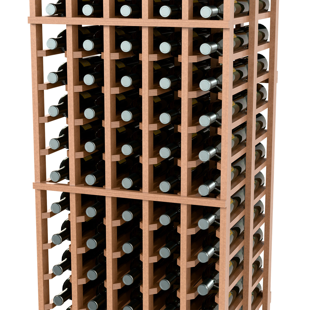 Wine bottle storage rack close-up with light wood divider frames and bottle rows
