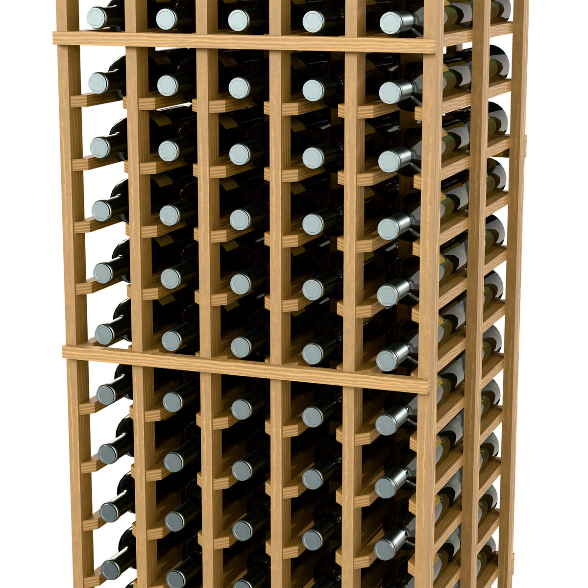 Wine bottle storage rack close-up with light wood grid and bottles in slots