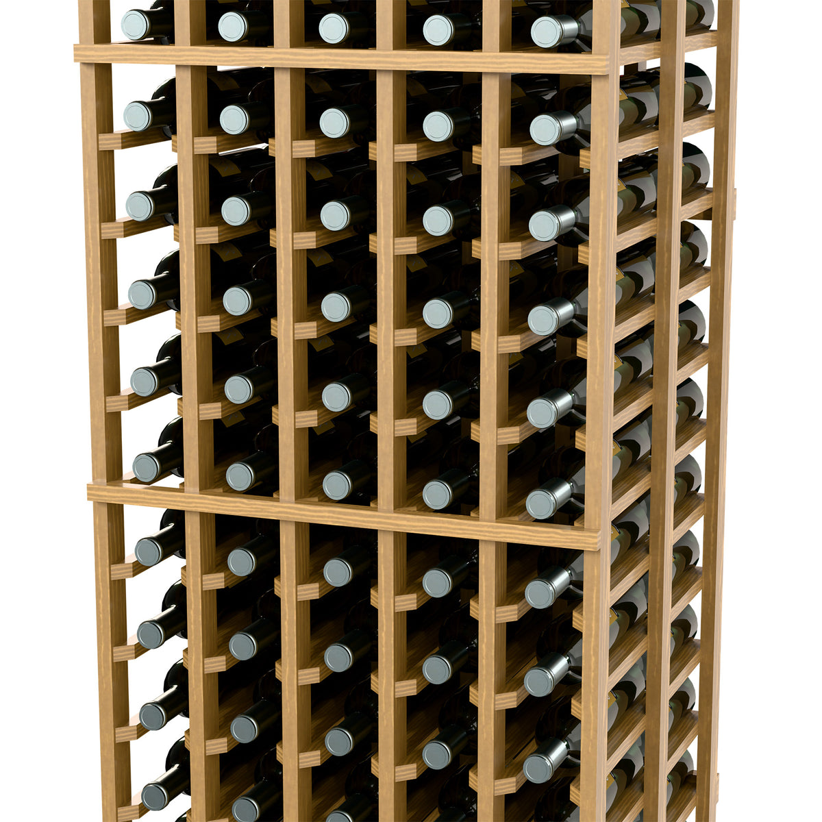 Wine bottle storage rack close-up with light wood posts and filled bottle compartments