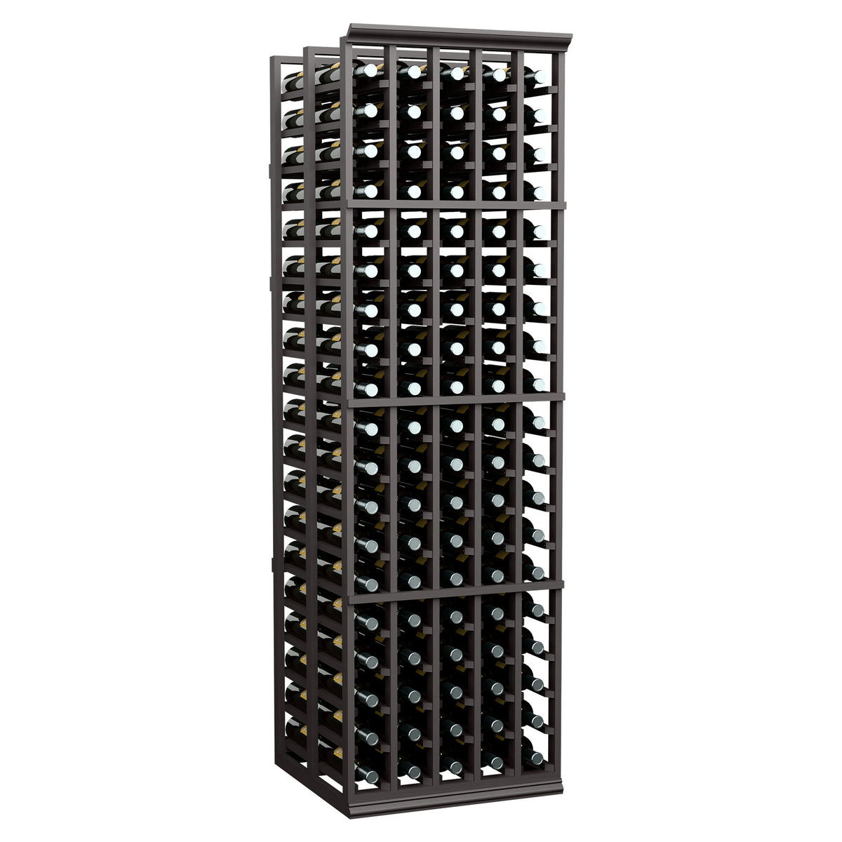 Wine bottle storage rack with dark frame and grid-style bottle slots