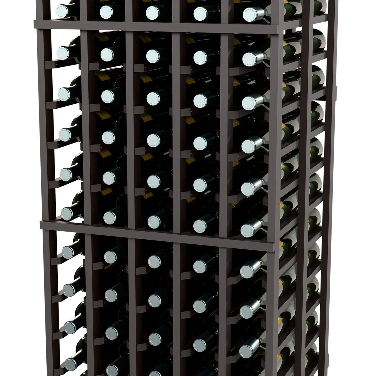 Wine bottle storage rack close-up with dark grid dividers and bottle rows