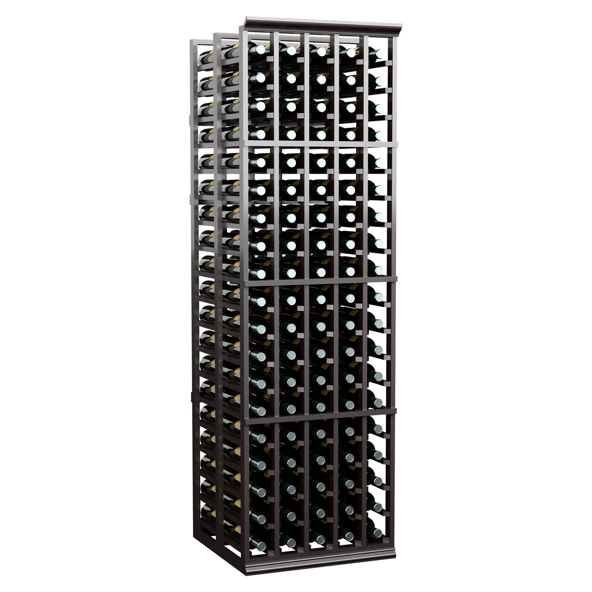 Wine bottle storage rack with dark frame and front grid holding multiple bottles