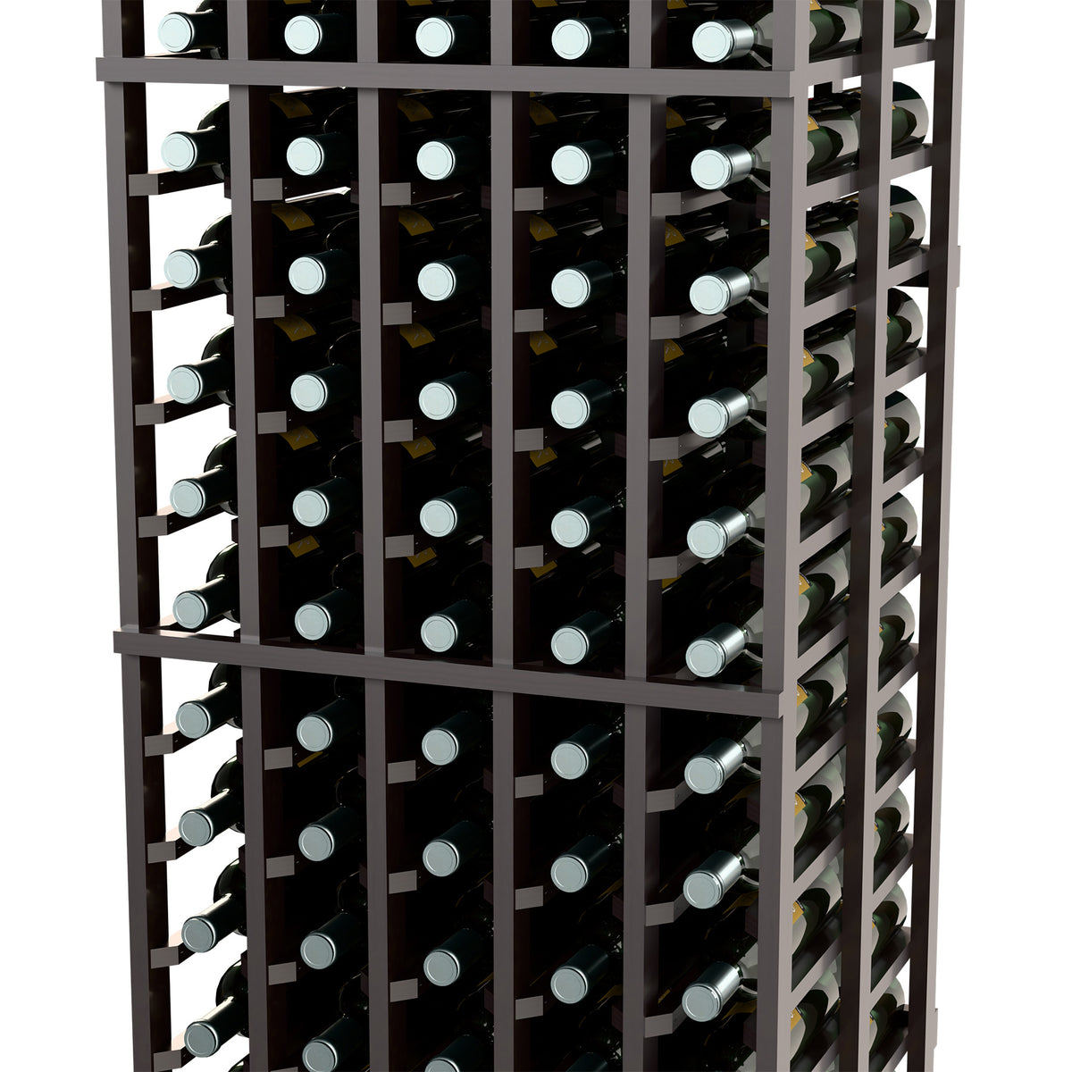 Wine bottle storage rack close-up with dark posts and bottles in compartments
