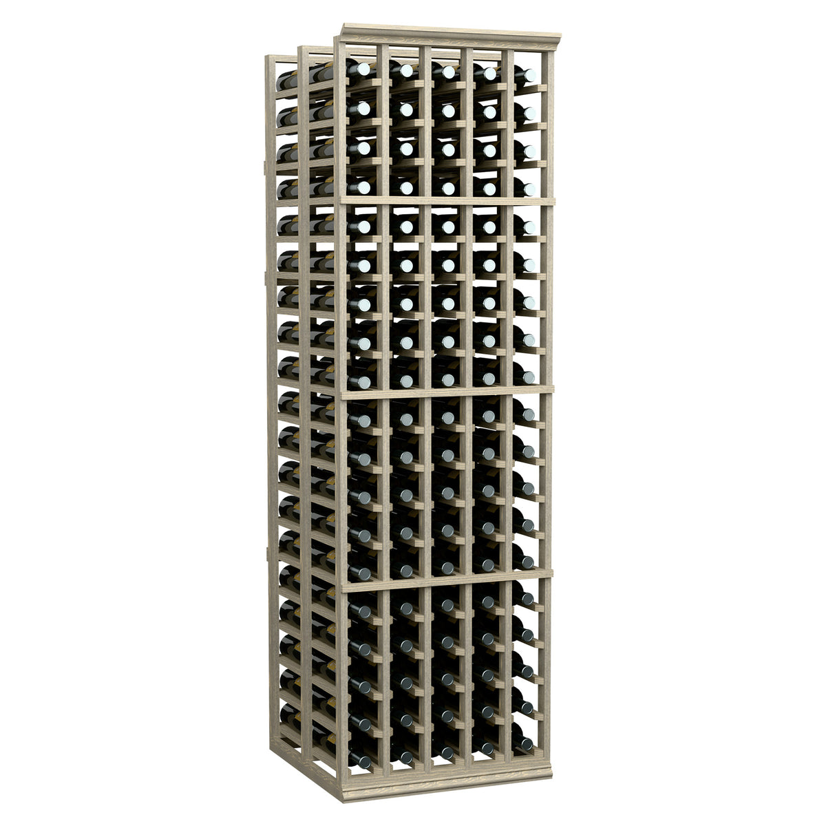 5-column double-deep wine bottle rack, 6 ft tall, dark wood frame with bottle slots