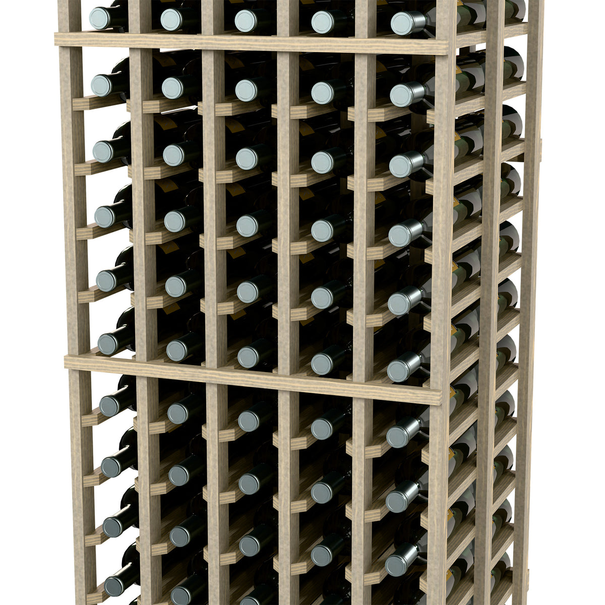 Front view of 5-column double-deep wine bottle rack, 6 ft, dark wood and bottle rows
