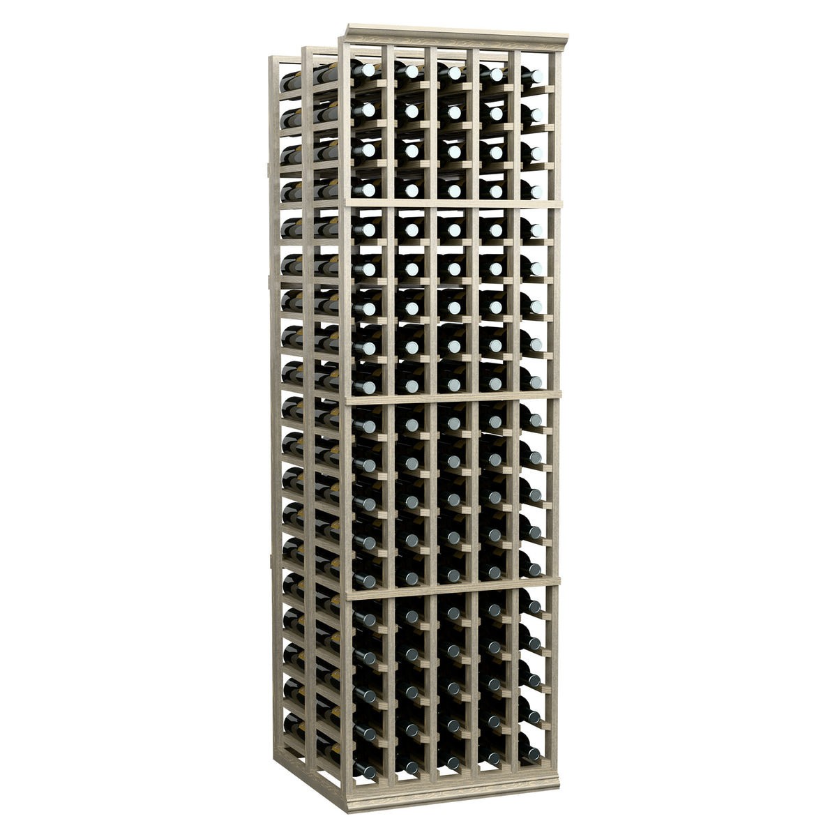 5-column double-deep wine bottle rack, 6 ft tall, dark wood wine slots and side bays