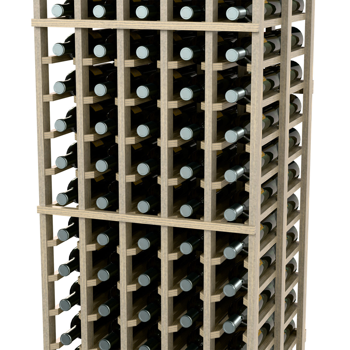 Close-up front of 5-column double-deep wine bottle rack, 6 ft, dark frame and bottles