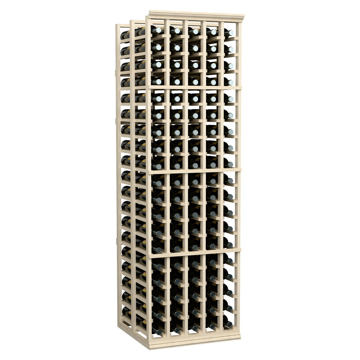 5-column double-deep wine bottle rack, 6 ft tall, light wood frame with bottle slots