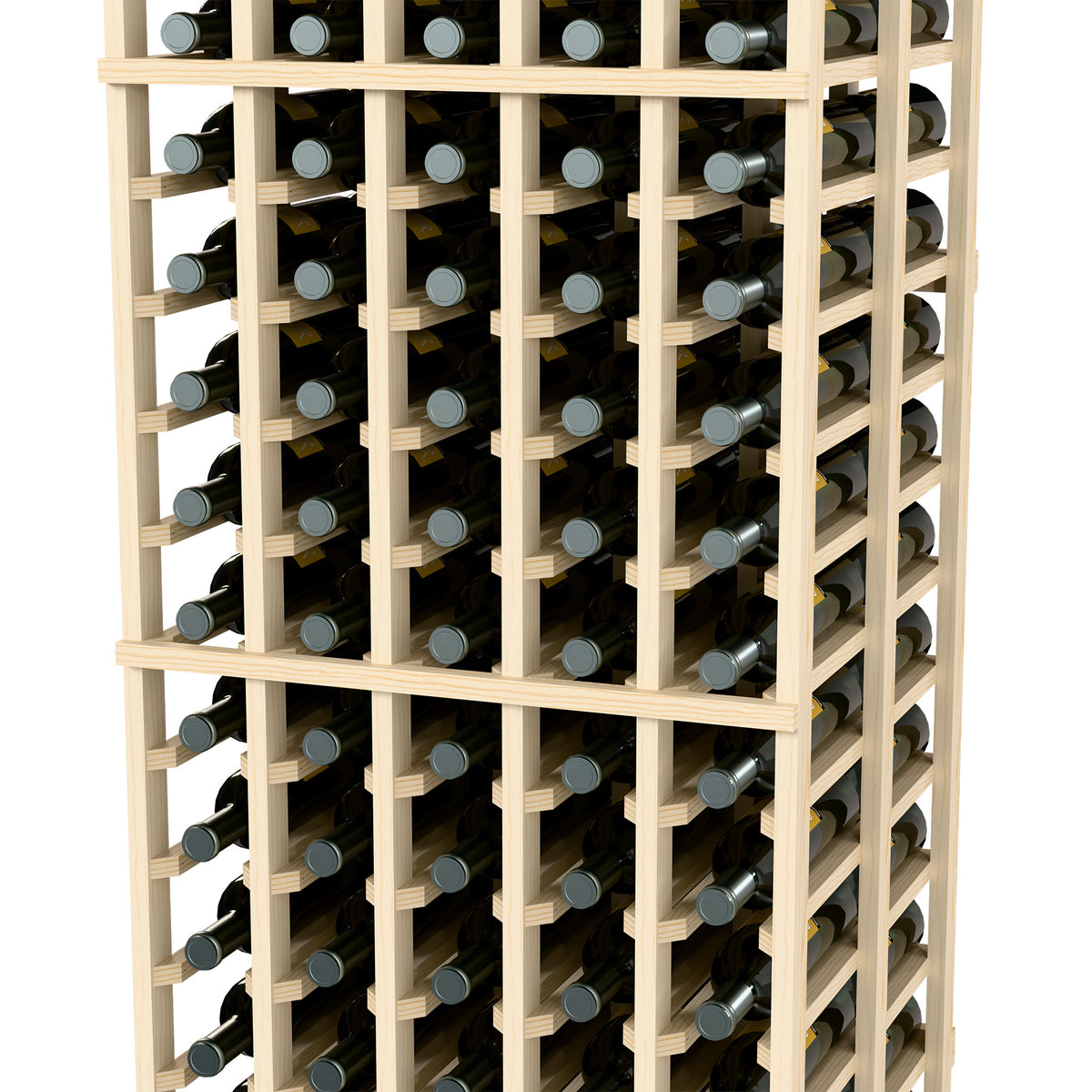 Front close-up of 5-column double-deep wine bottle rack, 6 ft, light wood and bottles