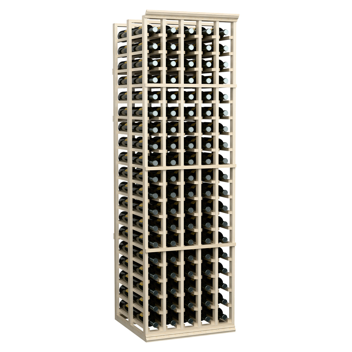 5-column double-deep wine bottle rack, 6 ft tall, light wood wine slots and side bays