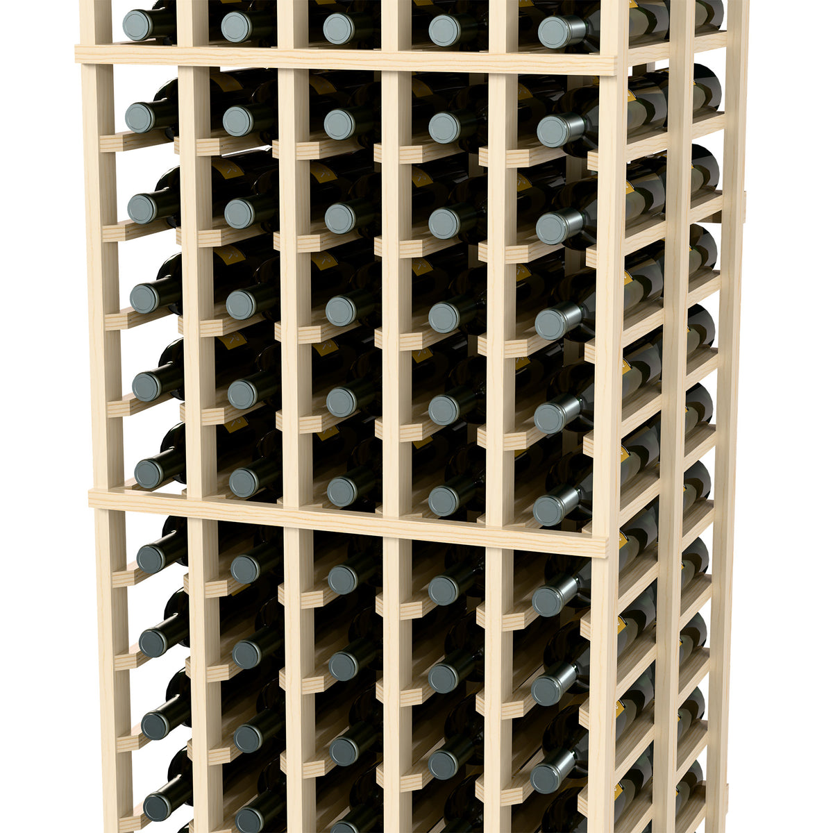 Close-up front of 5-column double-deep wine bottle rack, 6 ft, light frame and bottles