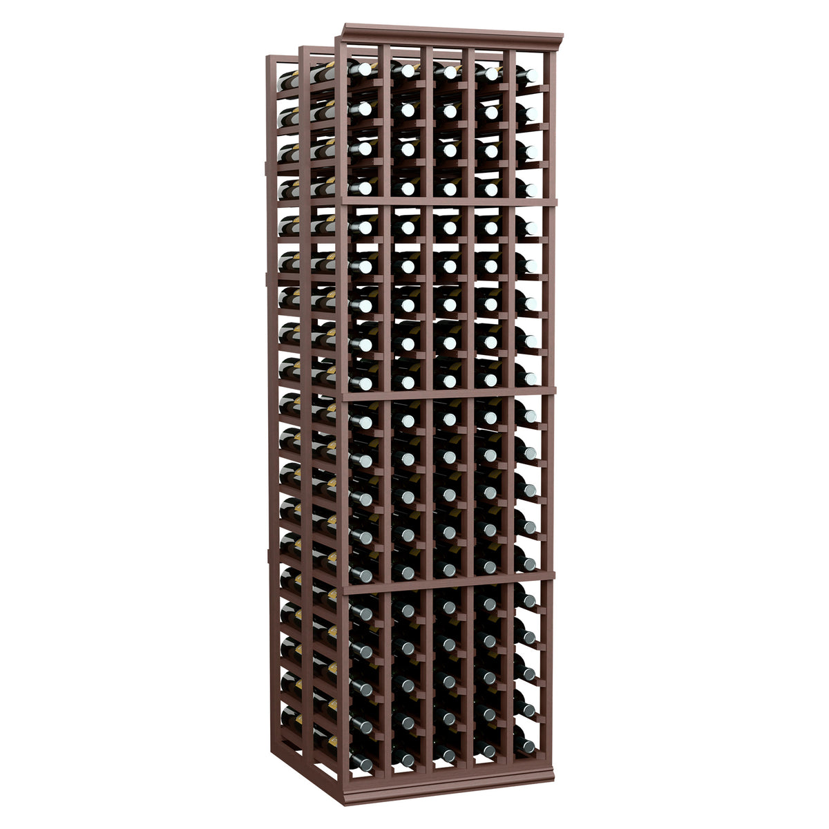 5-column double-deep wine bottle rack, 6 ft tall, medium brown wood frame with slots