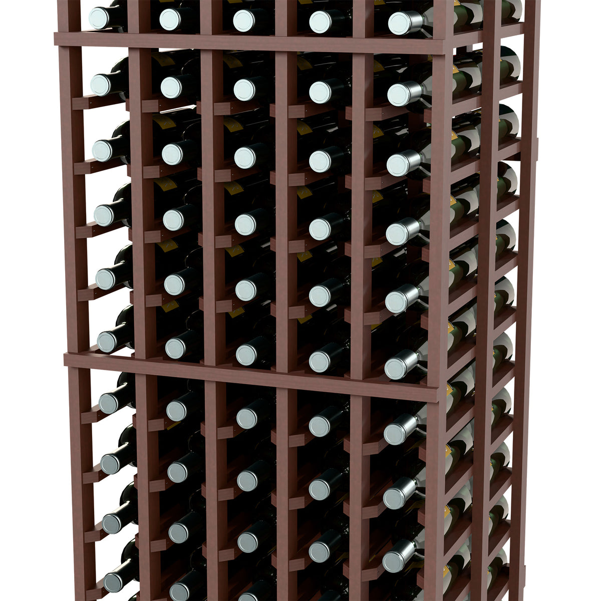 Close-up front of 5-column double-deep wine bottle rack, 6 ft, brown frame and bottles