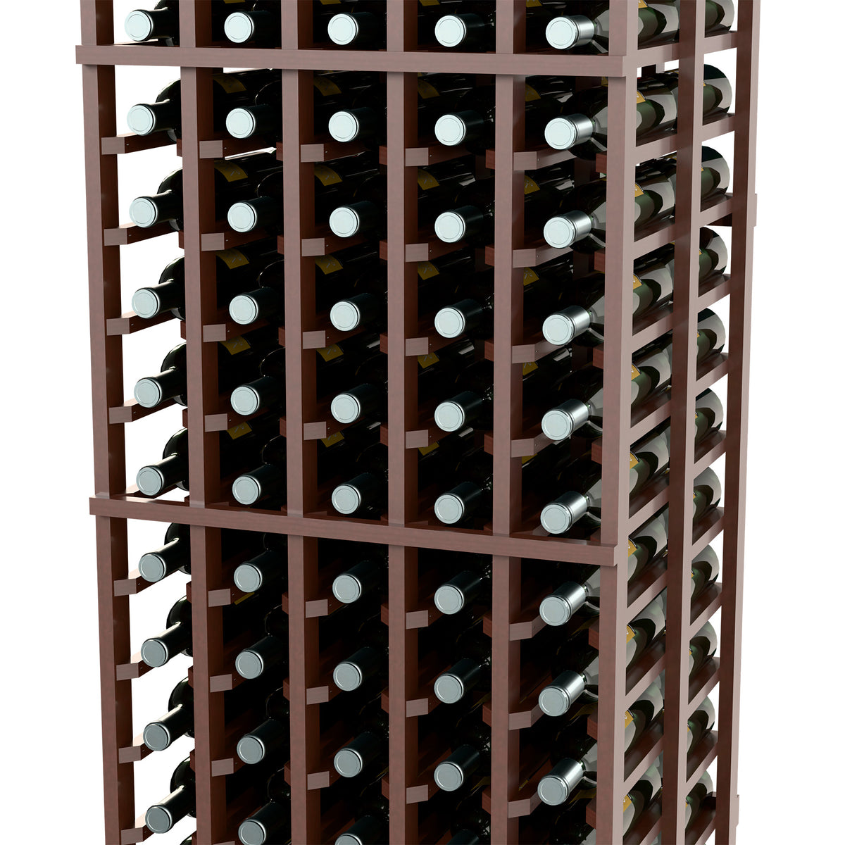 Dark wood wine bottle rack with double-deep rows and front-facing bottle necks