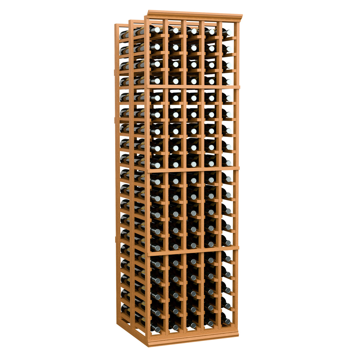 5-column double-deep wine bottle storage rack with light wood frame, bottles displayed
