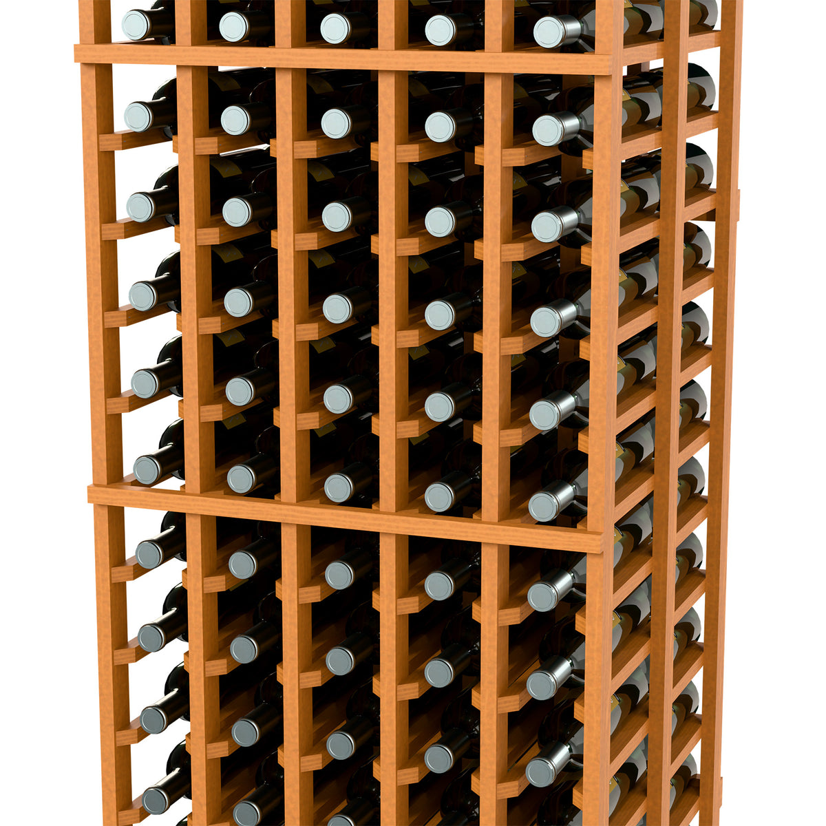 Light wood wine bottle rack with open double-deep slots and front-facing bottle necks