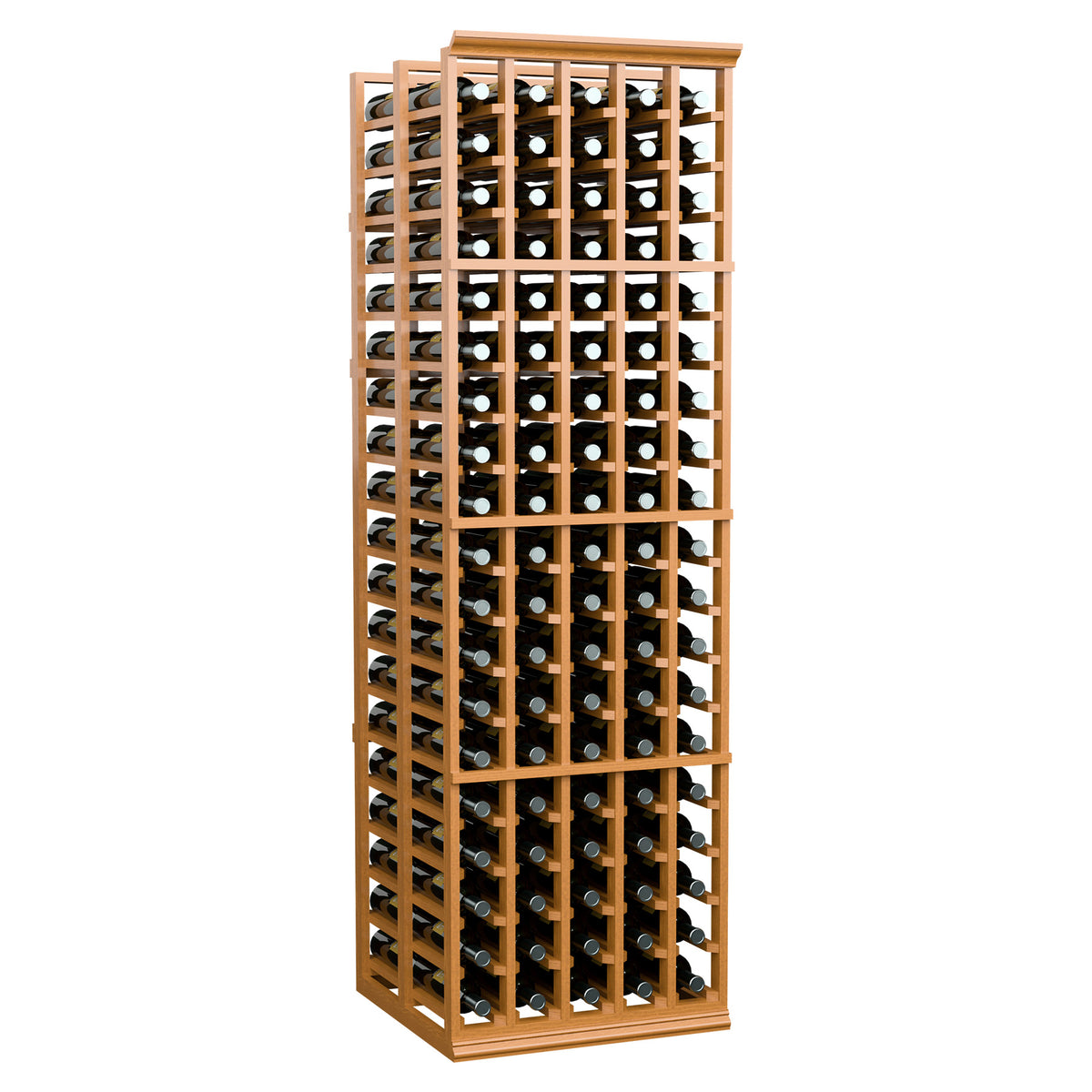 Light wood 5-column wine bottle storage rack with organized double-deep bottle rows