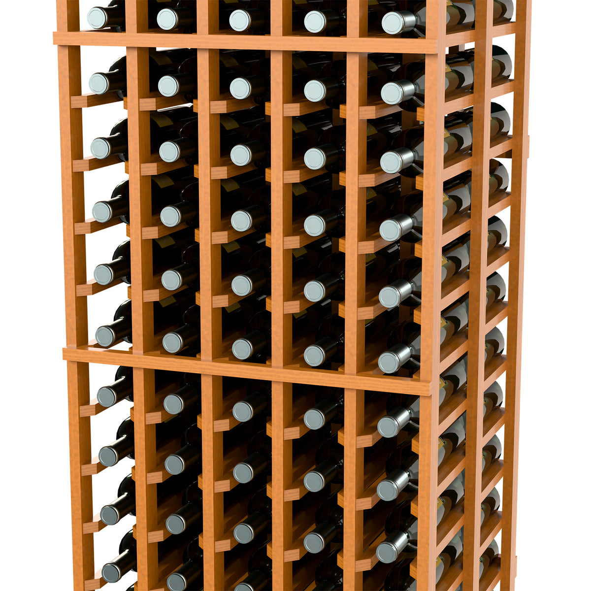 Light wood wine bottle rack close-up, double-deep bottle openings and dividers