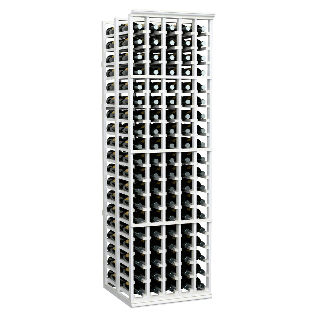 5-column double-deep wine bottle storage rack with white frame, bottles in front slots