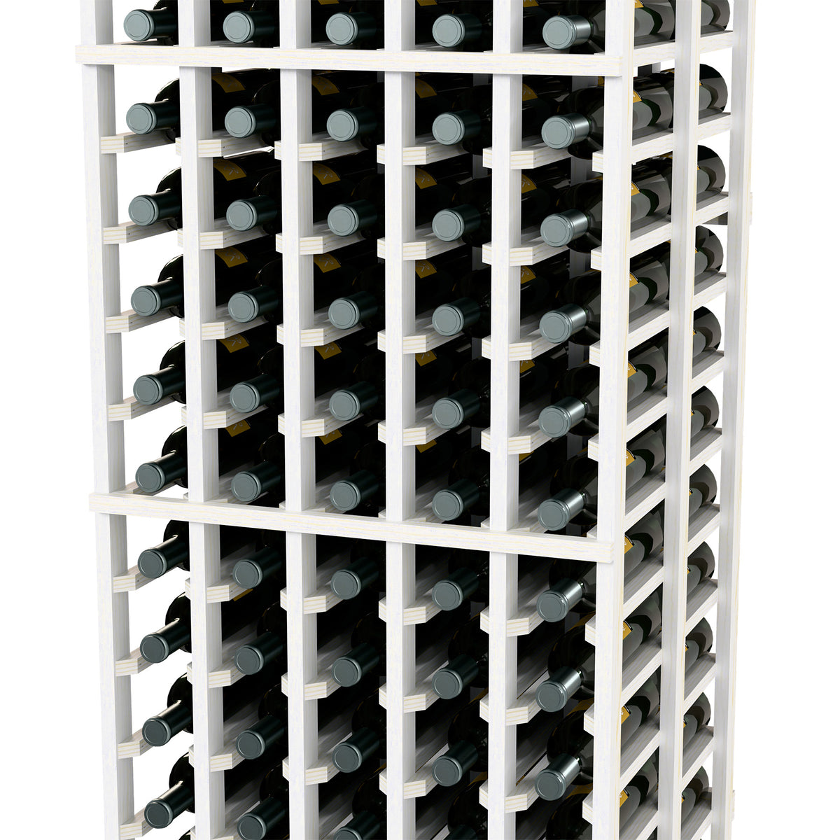 White wine bottle rack with a double-deep grid and front-facing bottle necks