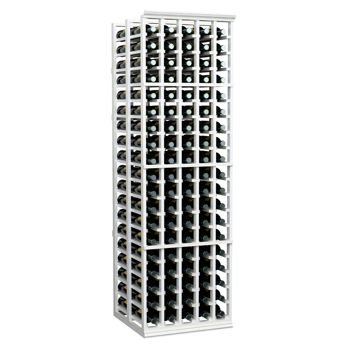 White 5-column wine bottle storage rack with organized double-deep bottle rows