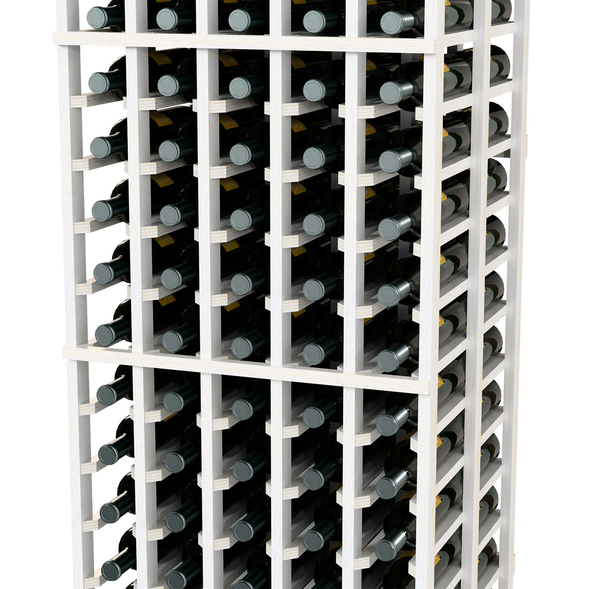 White wine bottle rack close-up, double-deep bottle slots with dividers visible
