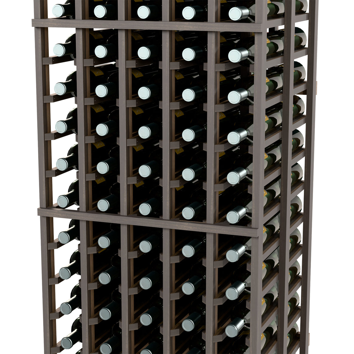Double deep wine rack close-up with dark wood frame and bottle necks in rows