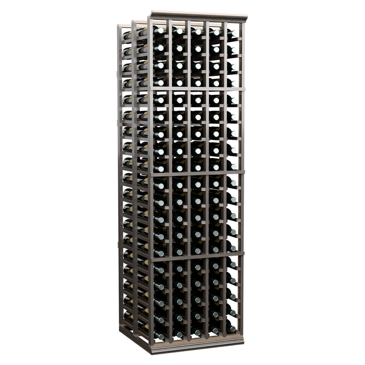 Freestanding 5-column double deep wine rack with dark frame and labeled bottle slots