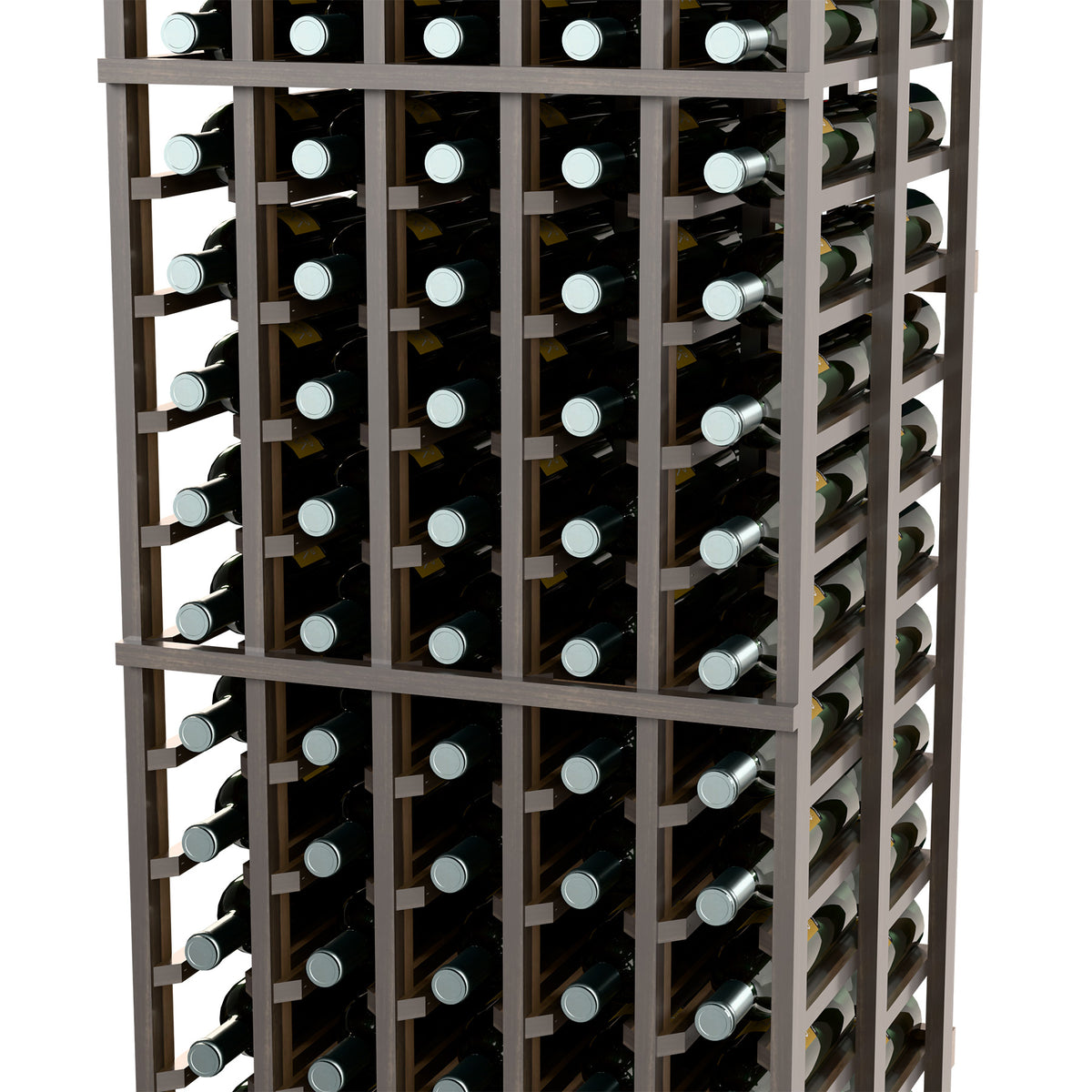 Wine rack interior view with dark dividers and bottles stored in multiple columns