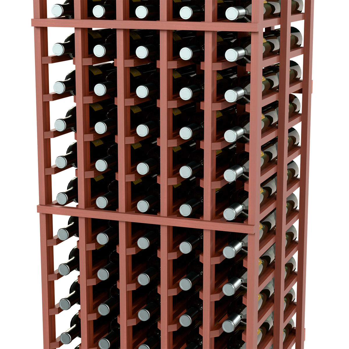 Double deep wine rack close-up with reddish-brown dividers and bottle rows