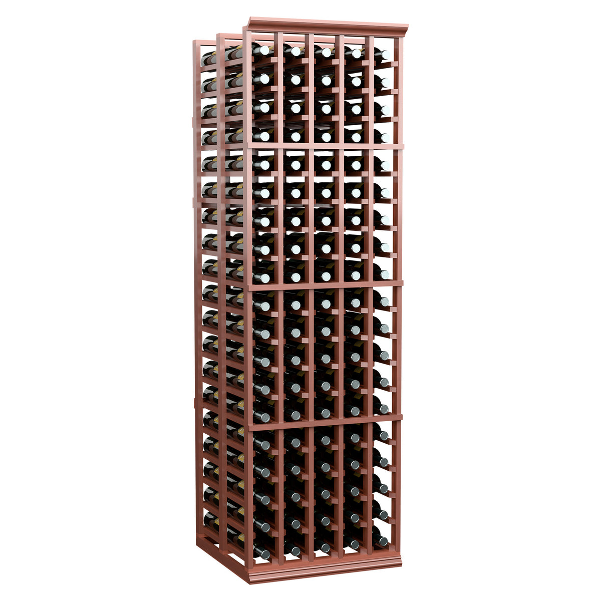 Freestanding 5-column double deep wine rack with reddish-brown frame and bottle slots