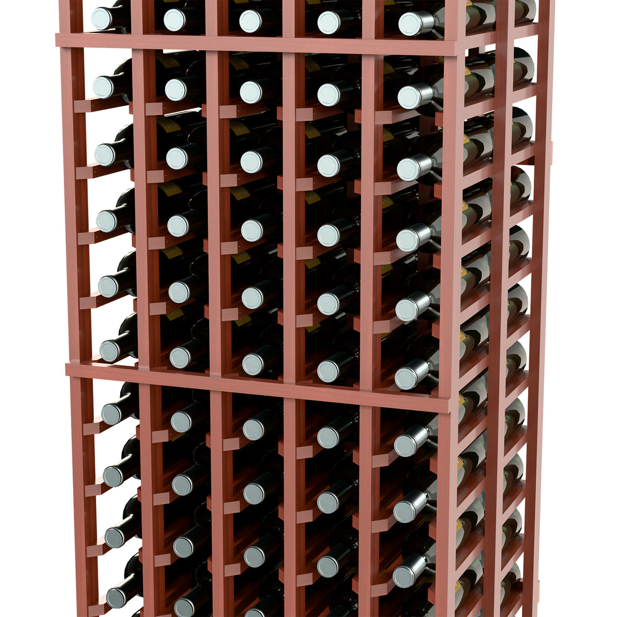 Wine rack interior close-up with reddish-brown frame and bottles in vertical rows