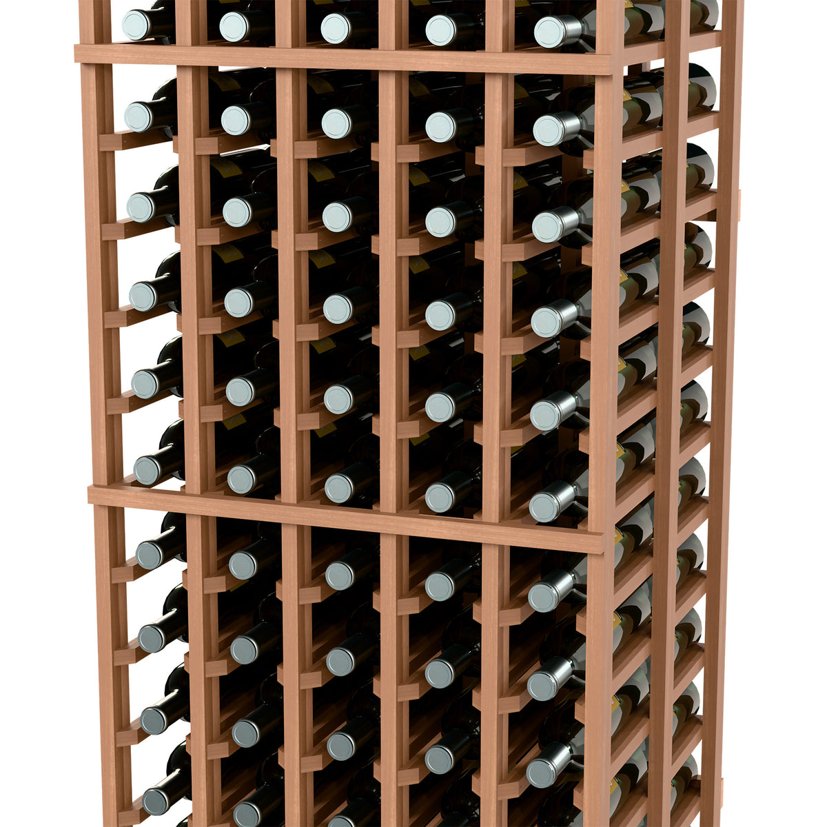 Wine rack close-up with light reddish-brown dividers and bottles in grid compartments