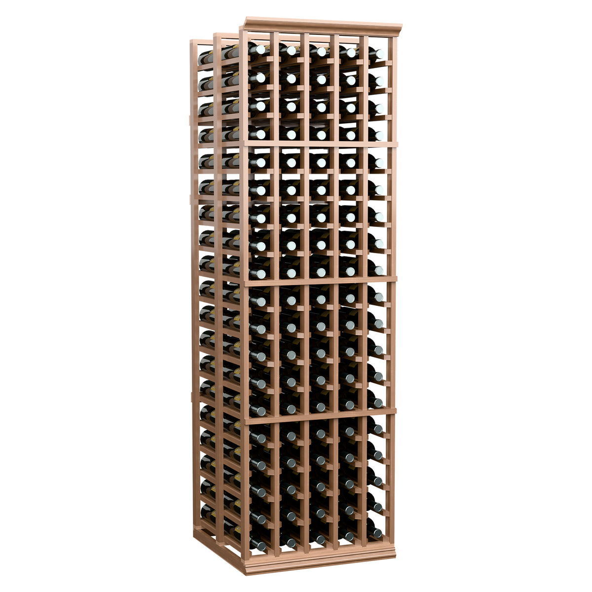 Wood wine bottle storage rack with multi-slot grid for bottles.