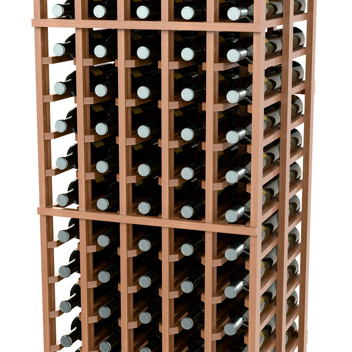 Wood wine rack close-up showing grid dividers and rows of wine bottles.