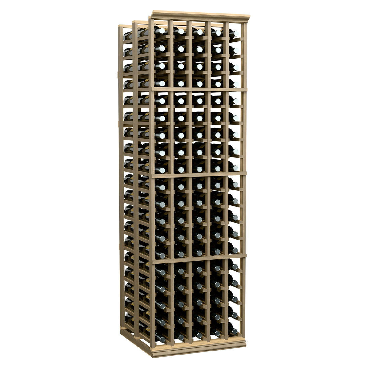 Freestanding wood wine bottle storage rack with tall multi-slot bottle grid.