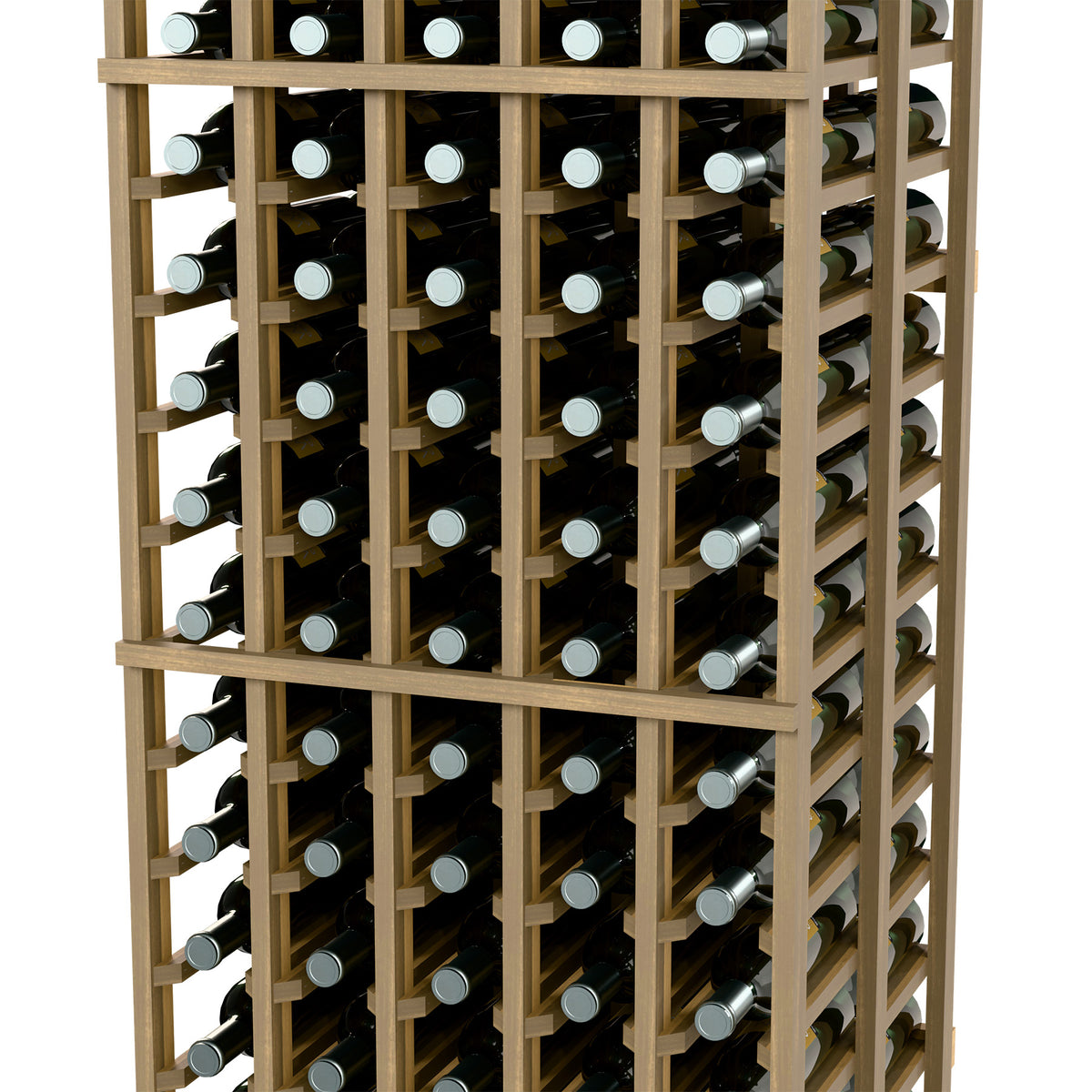 Wood wine rack with front bottle rows and open side cubbies for storage.