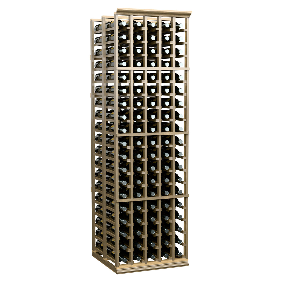 Tall wood wine bottle rack with stacked compartments and multi-slot bottle grid.