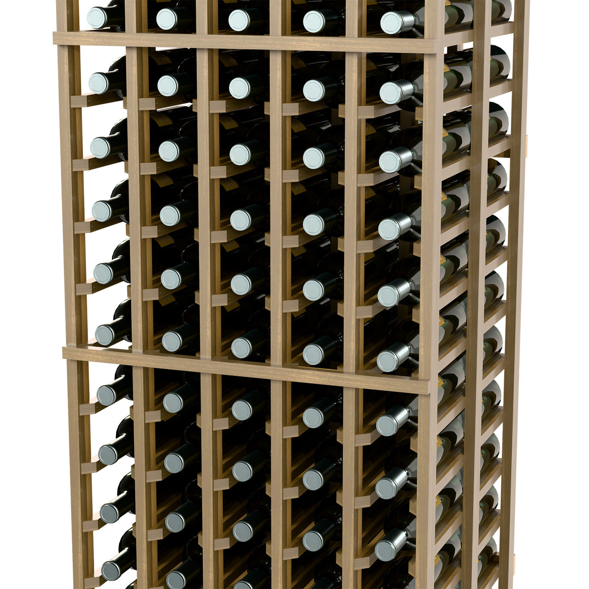 Wood wine rack front grid with rows of bottles and side cubby openings.