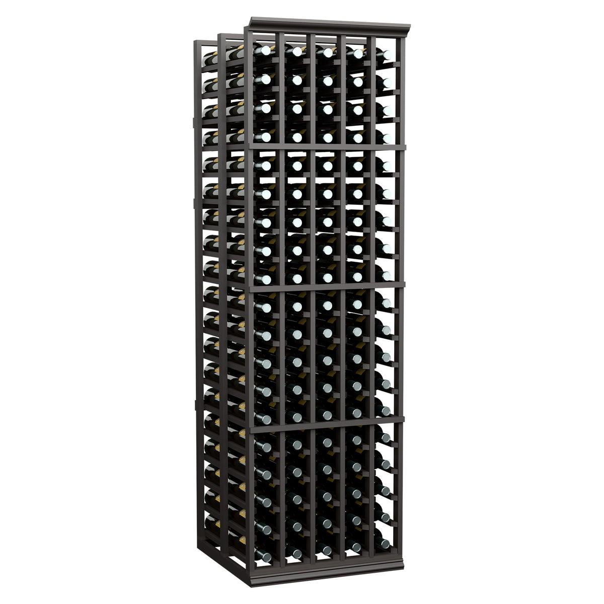 Black wine bottle storage rack with multi-slot grid for bottles.