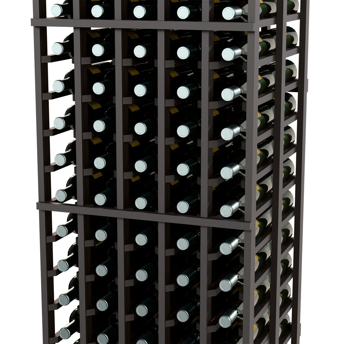Black wine rack close-up showing front bottle rows and side cubbies.